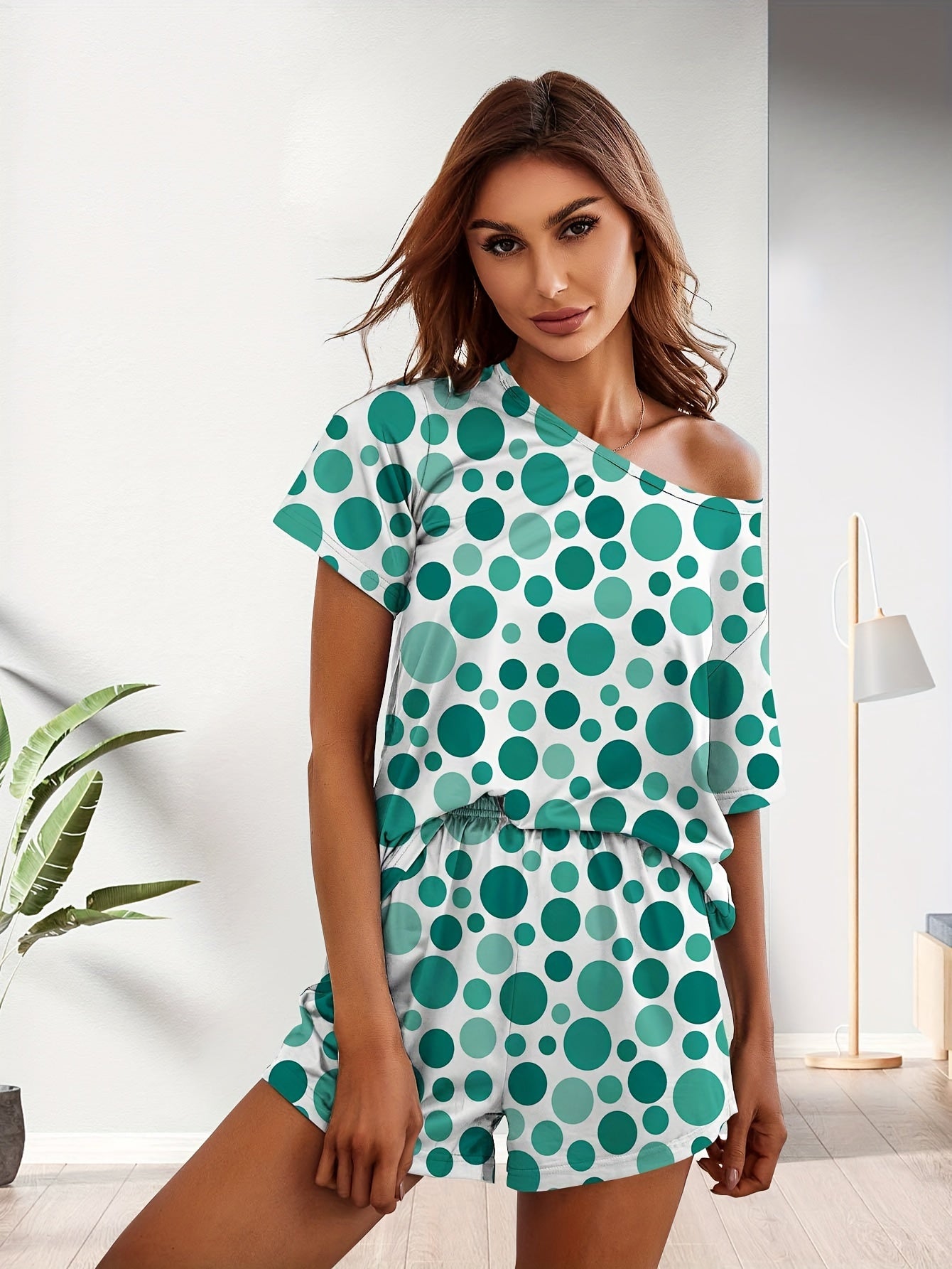Polka Dot Print Pajamas Set Short Sleeve Crew Neck Top & Shorts
