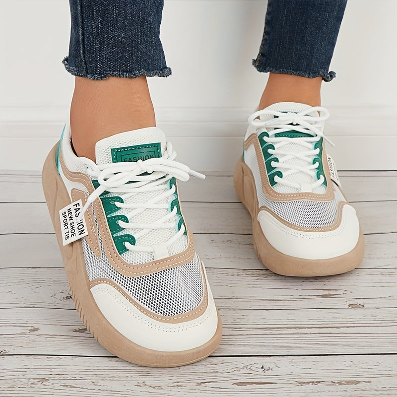 Women Colorblock Mesh Chunky Sneakers Thick Sole Lace Up Sport Shoes