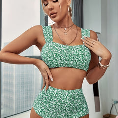 Floral Print Bikini Set Square Neck High Waist Two Piece Swimsuit