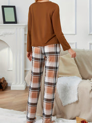 Bear Print Pajama Set Long Sleeve Top & Plaid Pants