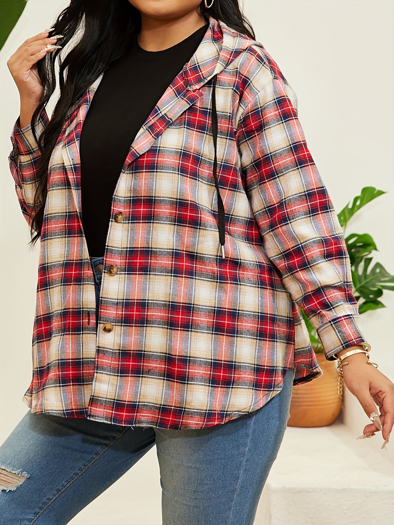  Plaid Print Hooded Drawstring Shirt