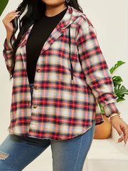  Plaid Print Hooded Drawstring Shirt