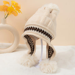 Ladies Printed Fleece Ear Protector Hat with Fur Ball