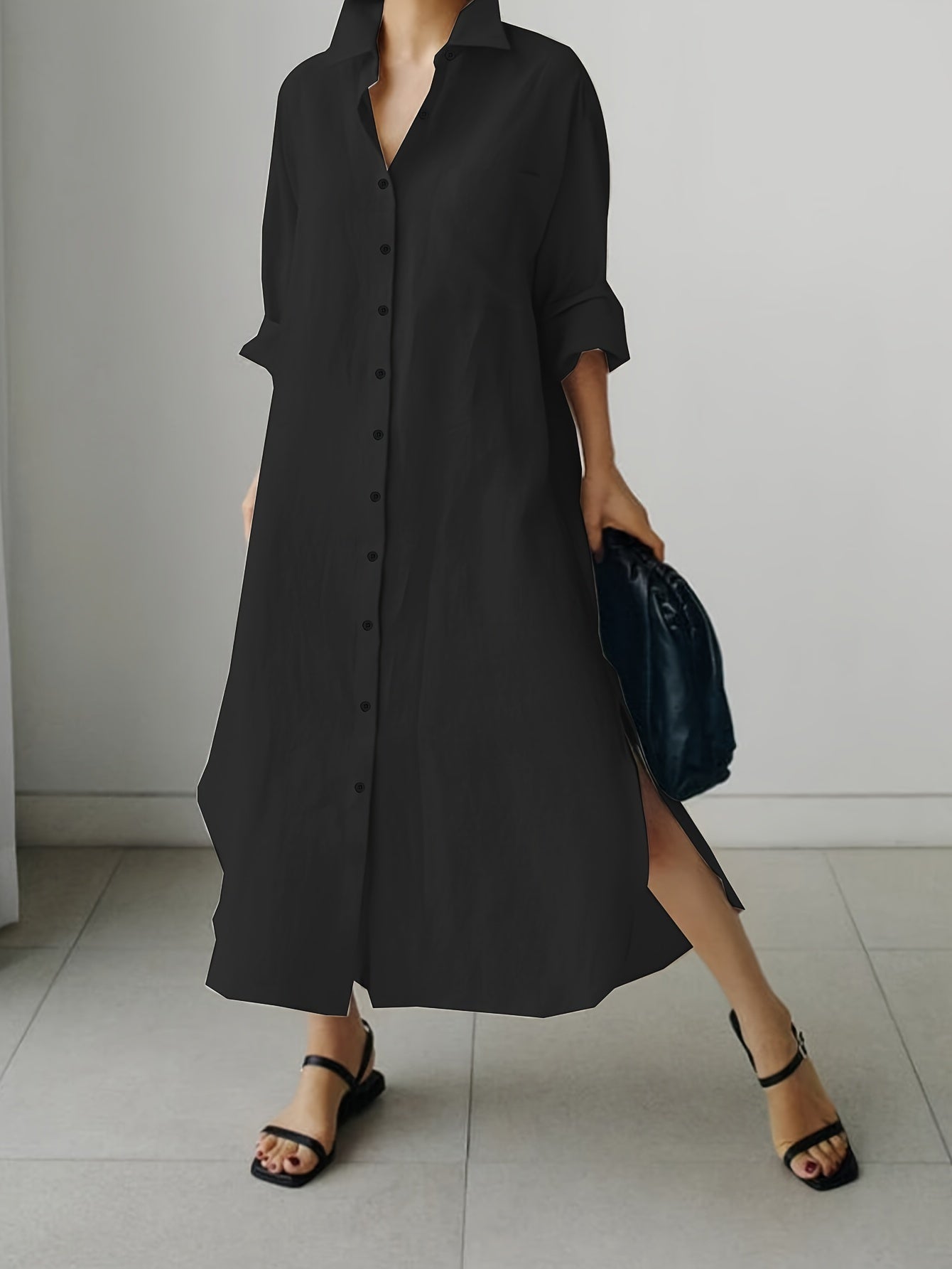  Solid Button Up Long Sleeve Maxi Shirt Dress