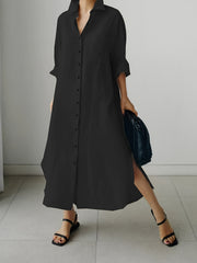  Solid Button Up Long Sleeve Maxi Shirt Dress