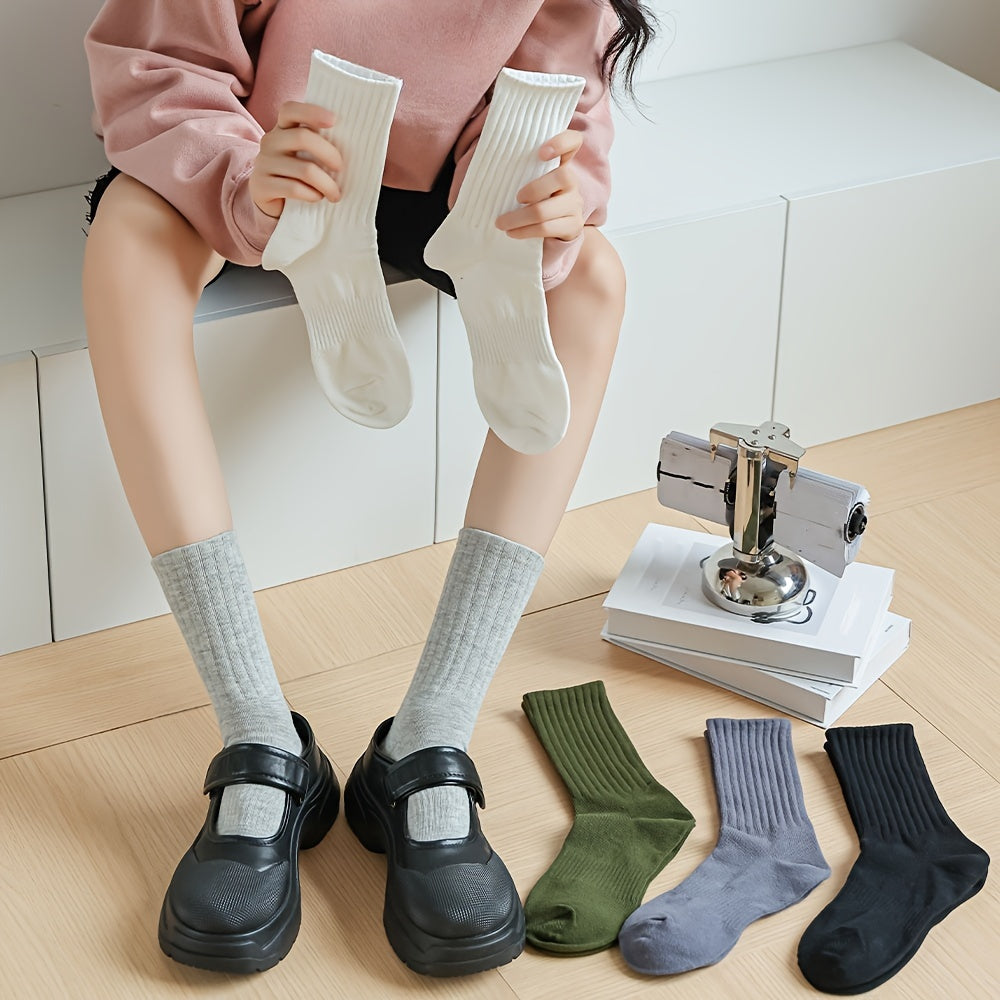 4 Pairs Solid Mid Tube Socks Breathable Women's Stockings