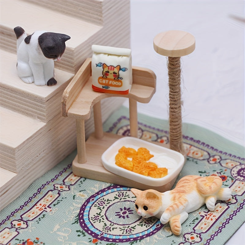 Wooden Cat Tree Playhouse Resin Cat Scene DIY Decor