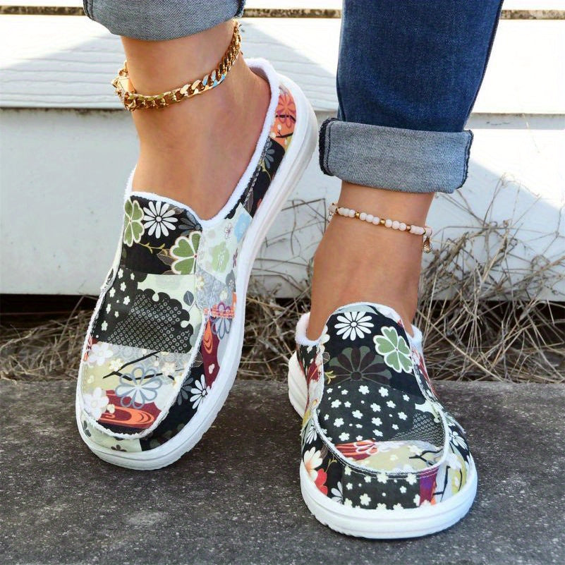 Women's Floral Print Slip-On Canvas Shoes Lightweight Casual Flats