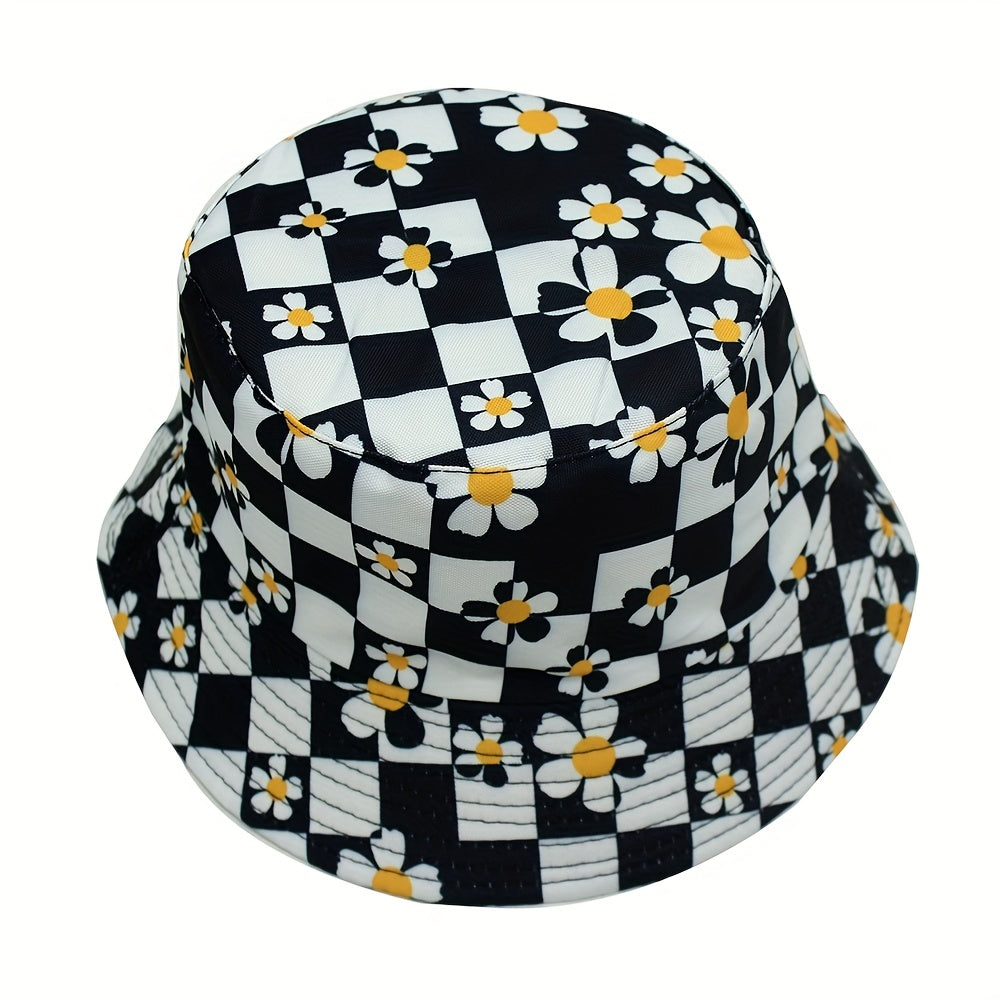 Checkerboard Plaid Flower Basin Hat Sun Hat for Men