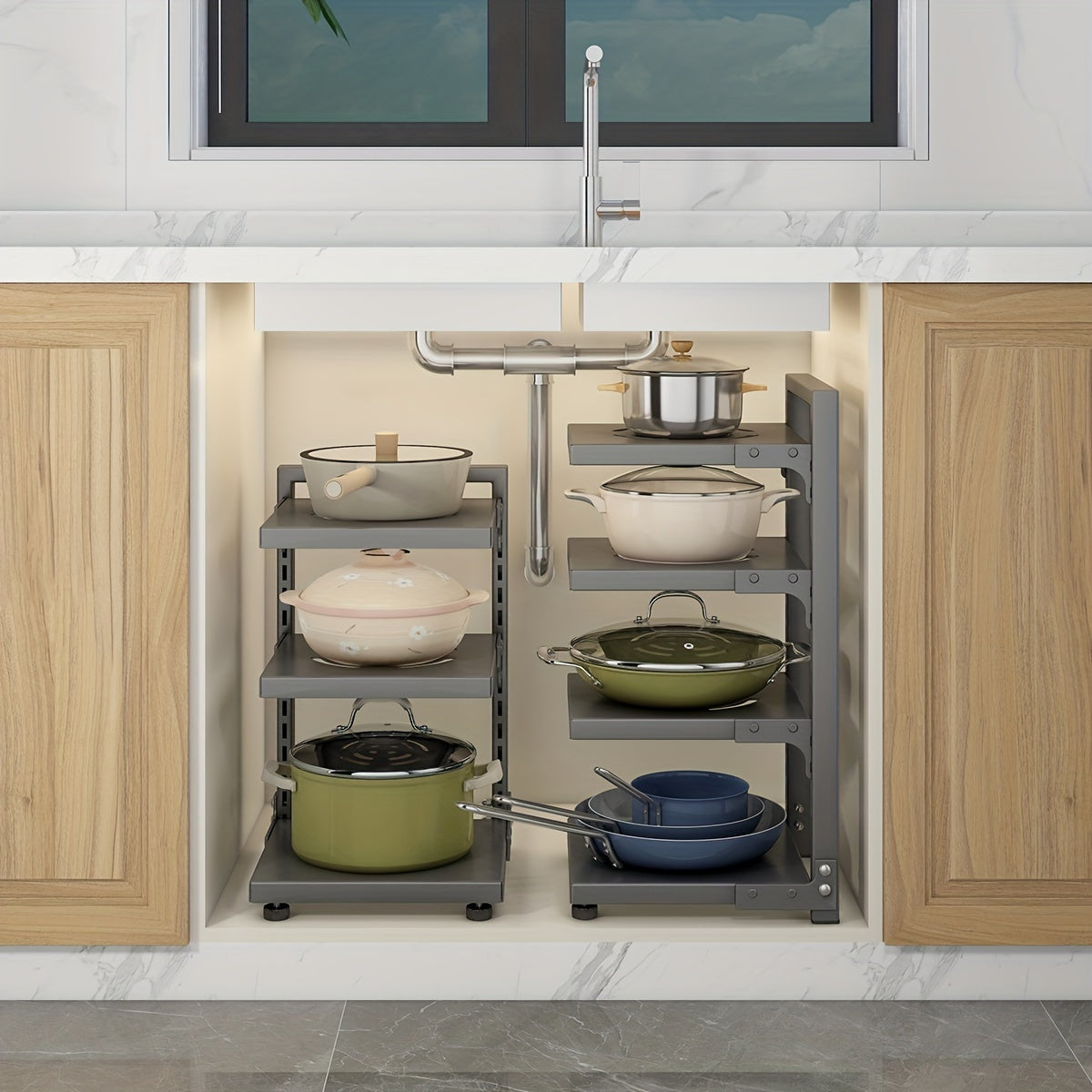 Adjustable Pan Organizer Rack For Cabinet Storage