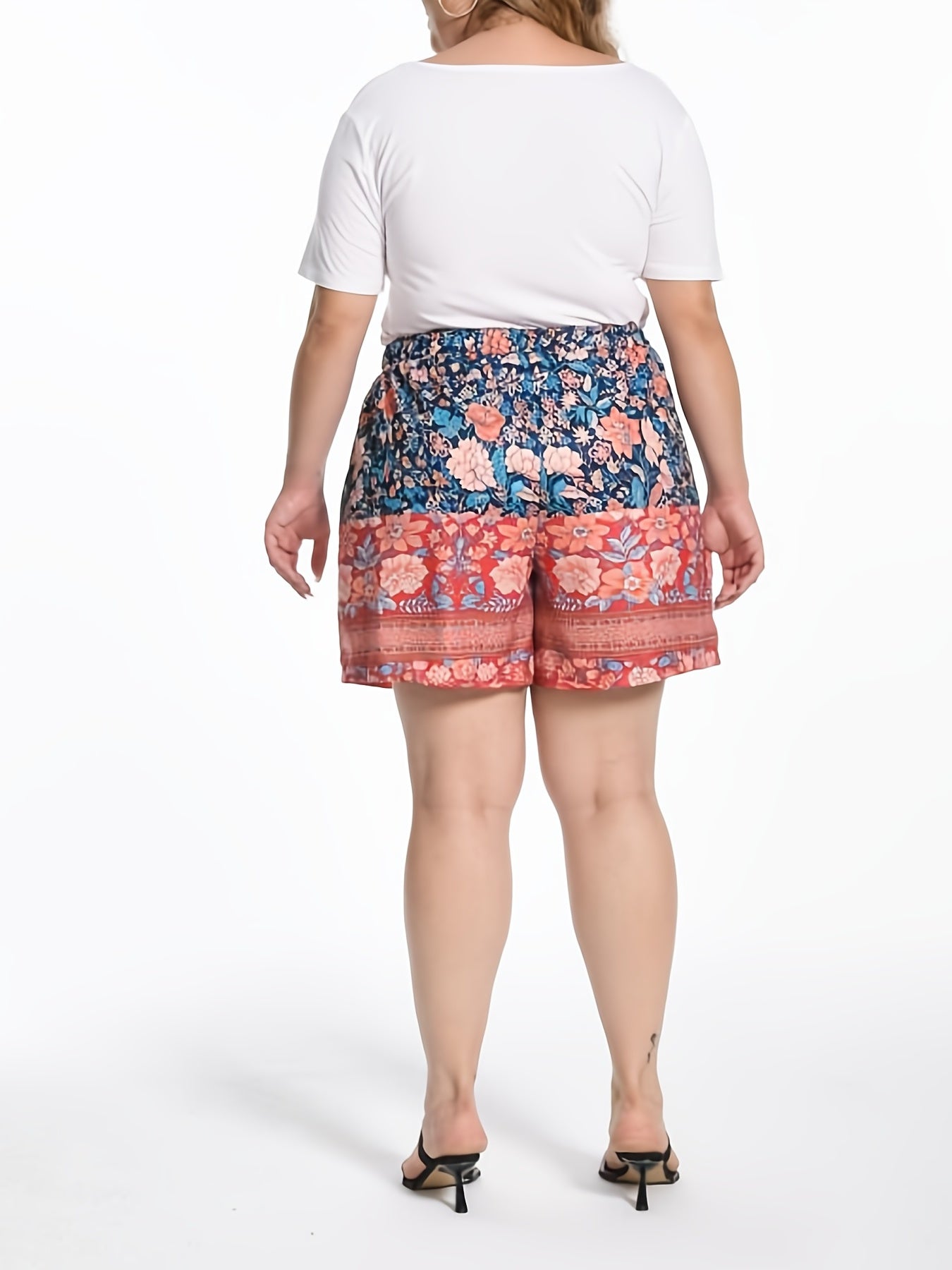  Boho Shorts Women's Plus Floral Border Print Loose Wide Leg