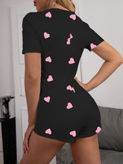 Heart Print Pajama Romper Short Sleeve V Neck Pajamas Women's Lingerie