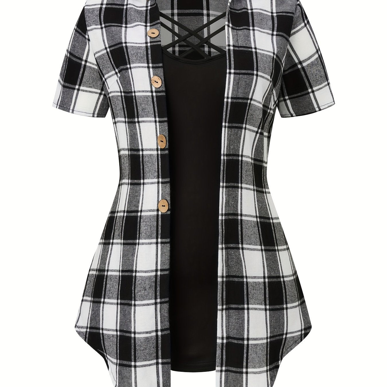  Plaid Print Blouse & Cami Top Set