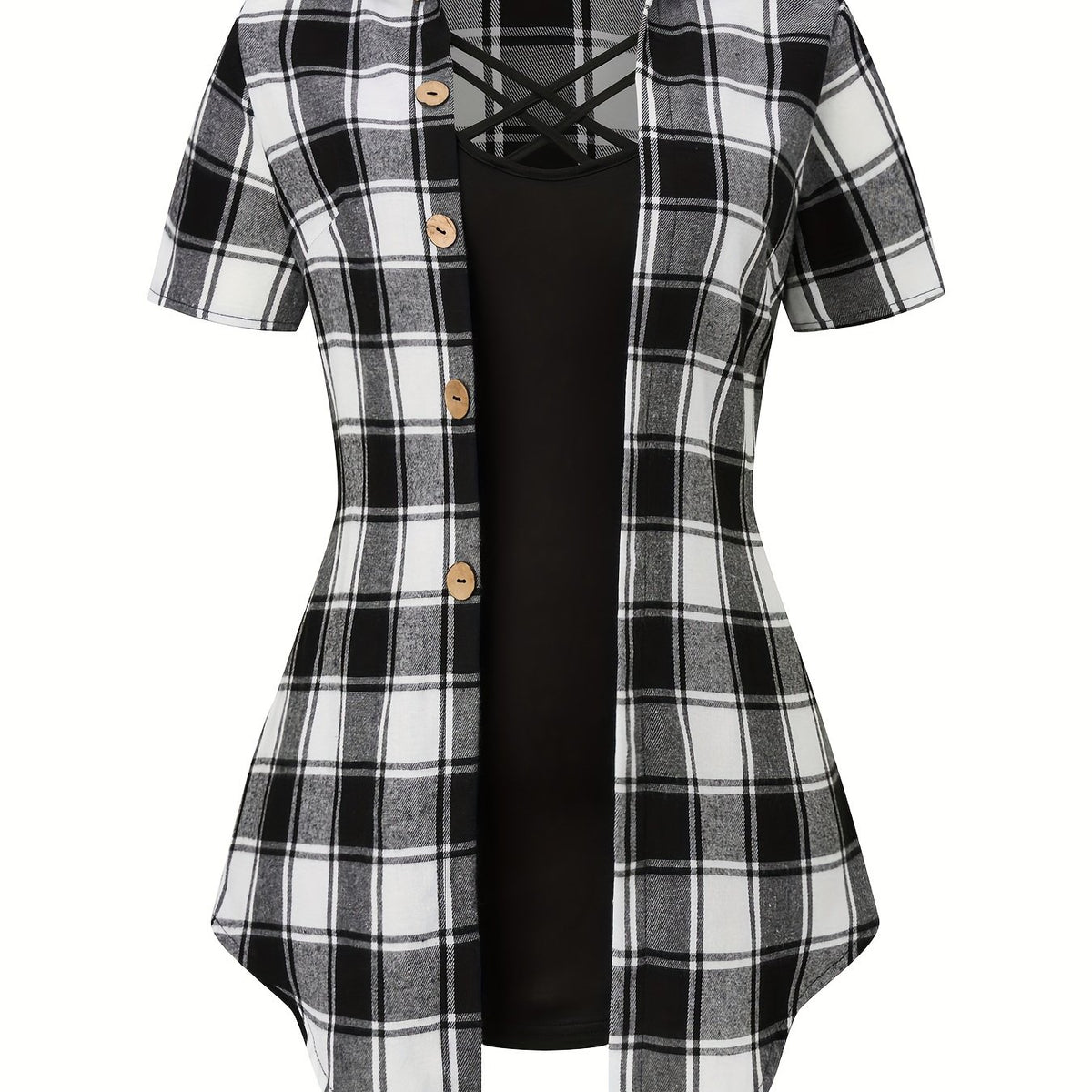  Plaid Print Blouse & Cami Top Set