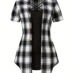  Plaid Print Blouse & Cami Top Set
