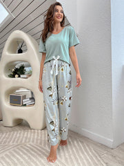 Floral Print Lounge Set V-Neck Top & Elastic Waist Pants
