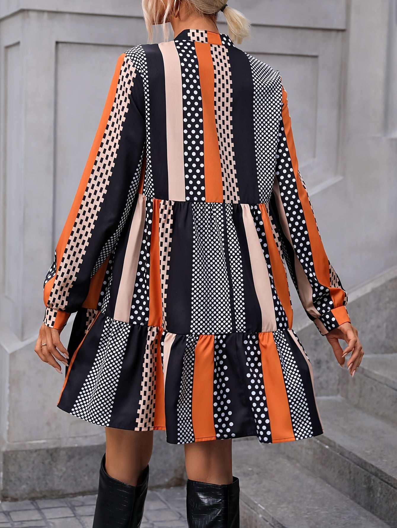  Colorblock Dot Print Lantern Sleeve Mini Smock Dress