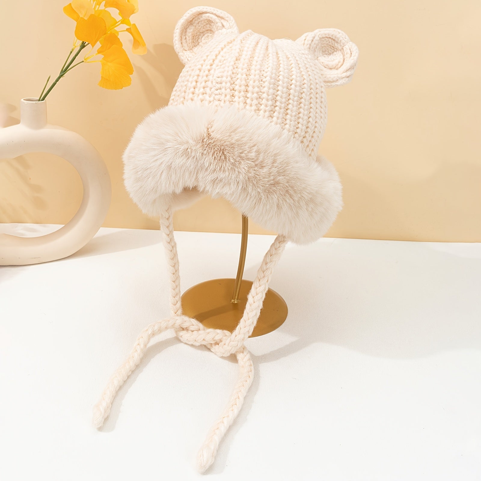 Woolen Knit Hat Winter Ears Braids Plush Cap Keep Warm