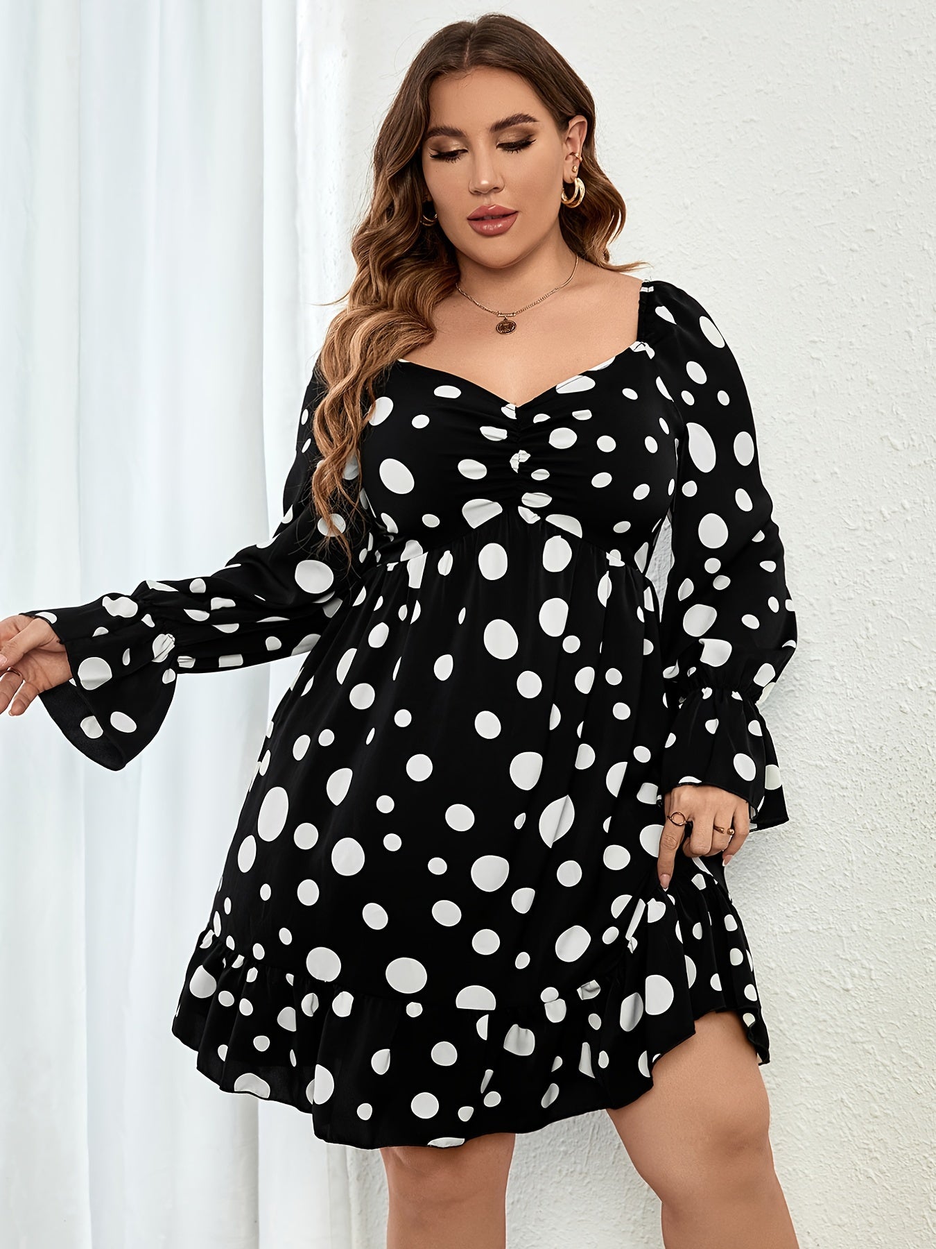 Polka Dot Print Shirred Midi Dress