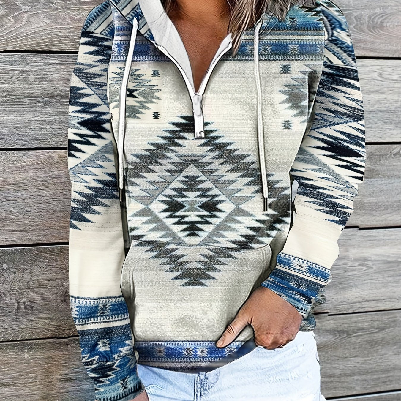 Geo Print Kangaroo Pocket Hoodie Casual Long Sleeve Drawstring Hoodies