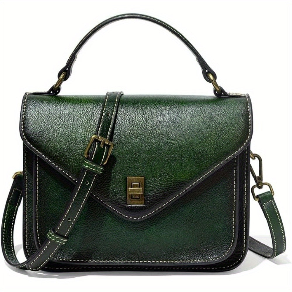 Vintage Brown Leather Crossbody Bag for Women with Top Handle Kiss Lock Closure