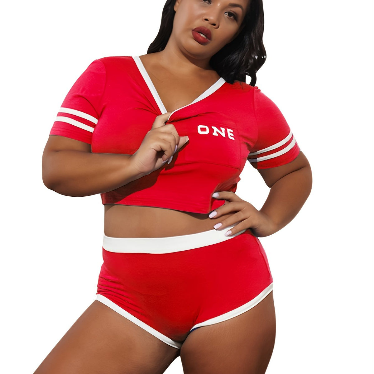  Y2K Colorblock Crop Top & High Waist Skinny Shorts Set
