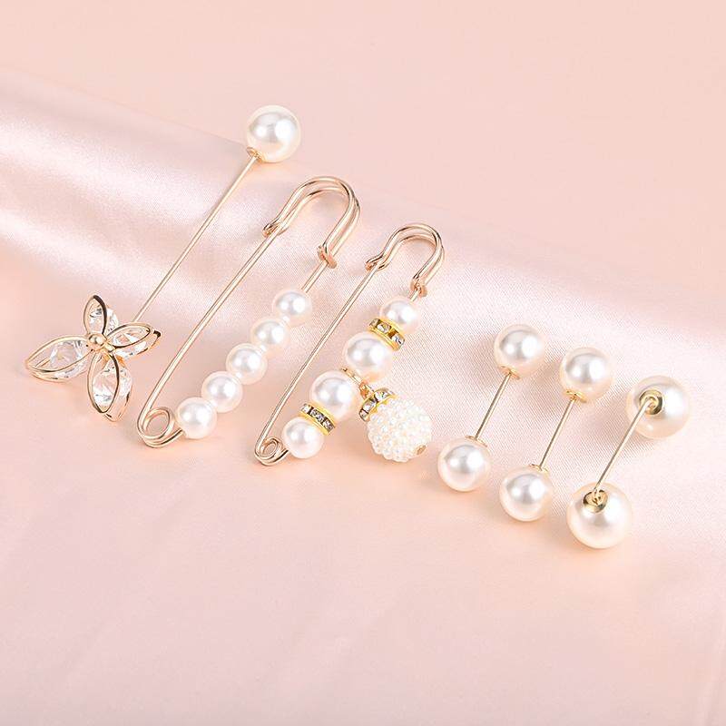 6Pcs Pearl Crystal Brooch Pins Pretty Corsage Pins Clothes Pants Elastic