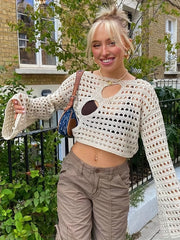 Crochet Knitted Long Sleeve Crop Top for Summer & Spring
