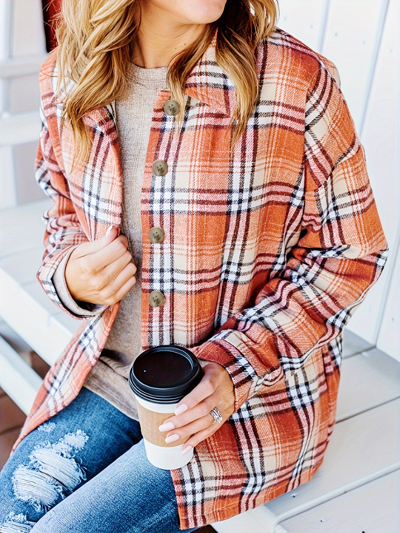  Casual Plaid Print Button Up Long Sleeve Shacket