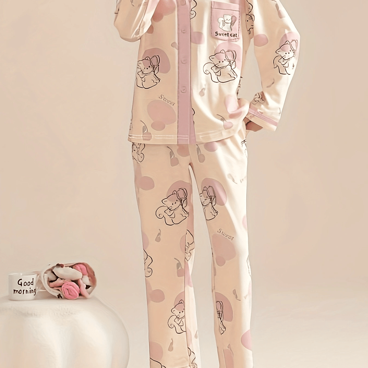 Cartoon Cat Pajama Set Long Sleeve V Neck Top & Elastic Waistband
