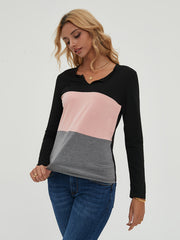 Block Long Sleeve V Neck Pullover Tops Women's Tops