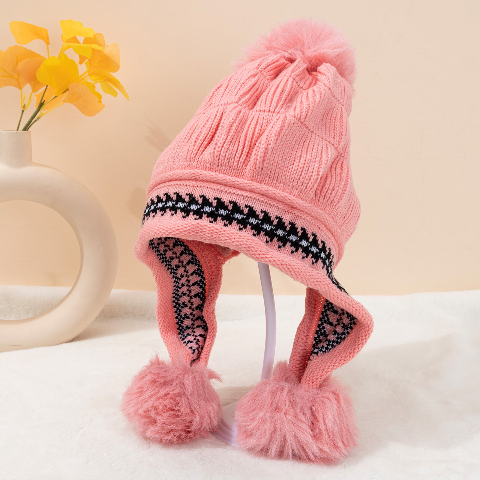 Ladies Printed Fleece Ear Protector Hat with Fur Ball