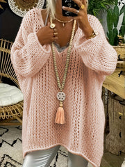  Solid Long Sleeve V Neck Oversized Jumper