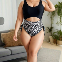  Colorblock Floral Print Lace Up Side One Piece Swimsuit