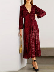 Sequined V Neck Long Sleeve Dress for Wedding Party