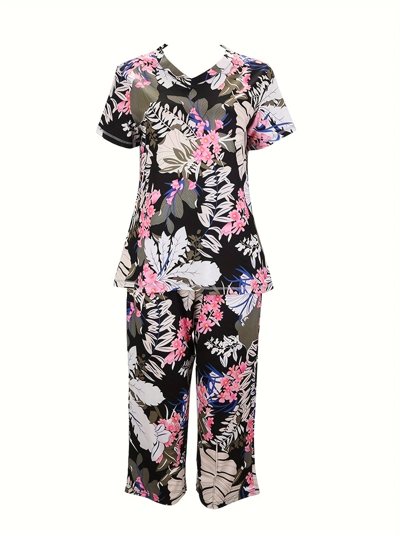 Floral Print Pajama Set V Neck Top & Lounge Pants Women's Sleepwear