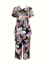 Floral Print Pajama Set V Neck Top & Lounge Pants Women's Sleepwear
