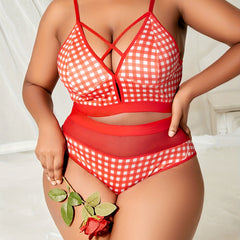  Gingham Print Crisscross Bra & Mesh Panty Set
