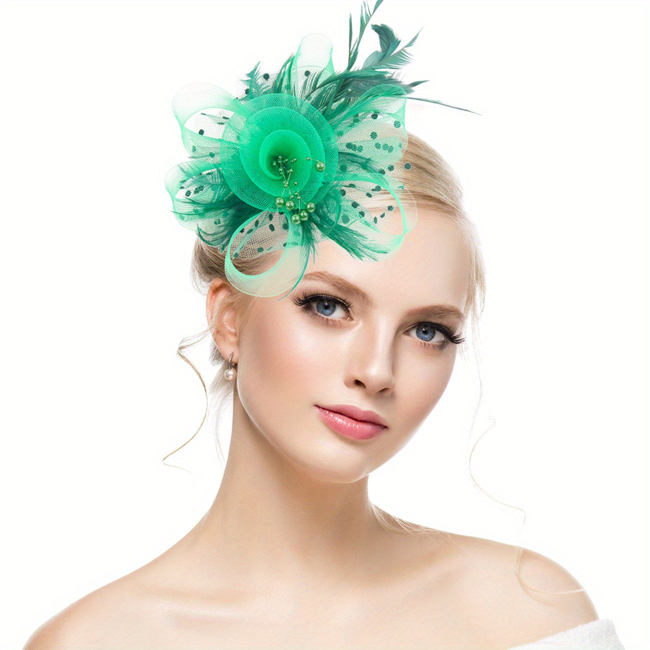 Mesh Flower Head Piece With Clip Faux Feather Fascinator