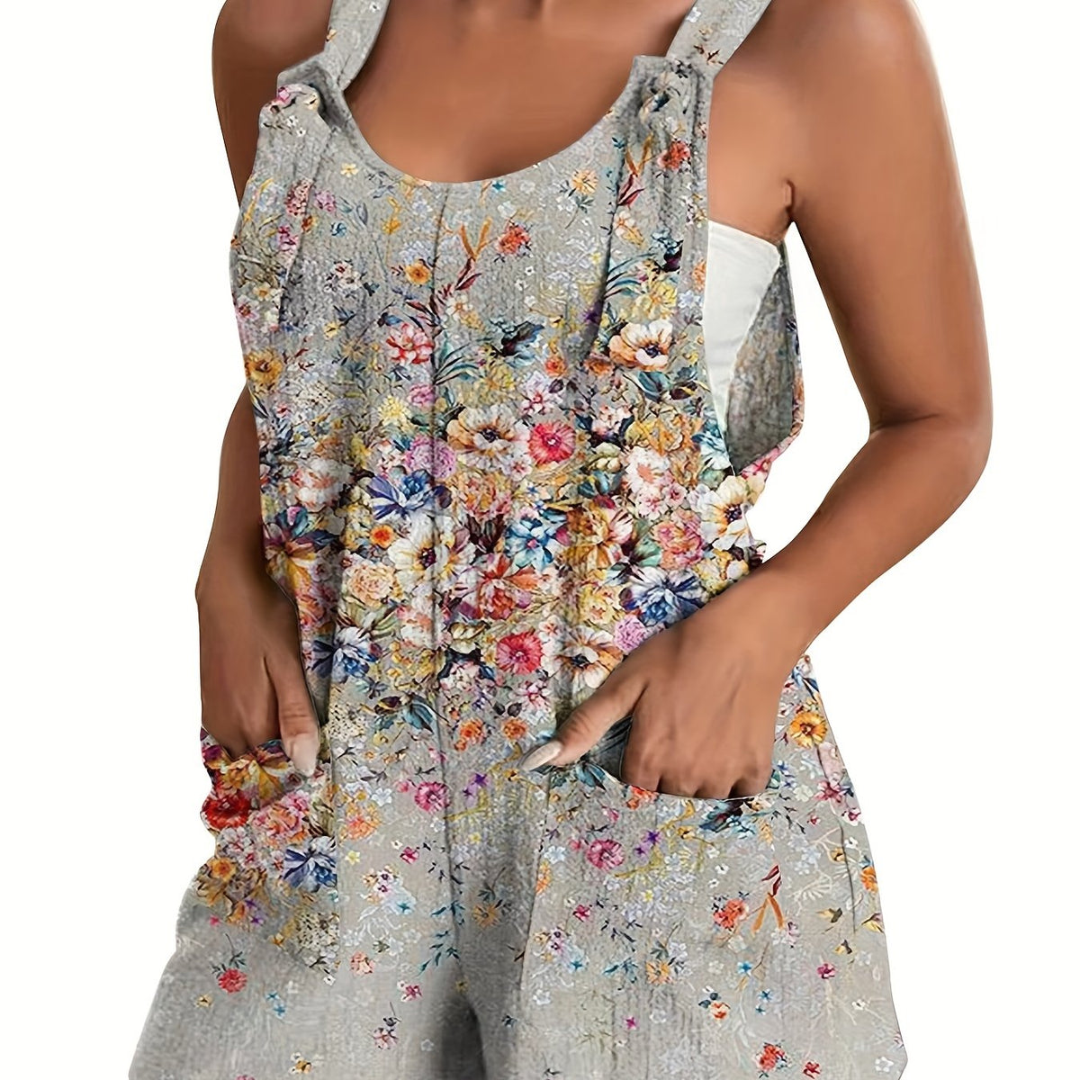  Floral Print Knot Overalls with Pockets