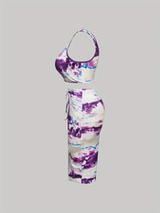 Women's Plus Tie Dye Tank Crop Top & Belted Skirt Outfit Set