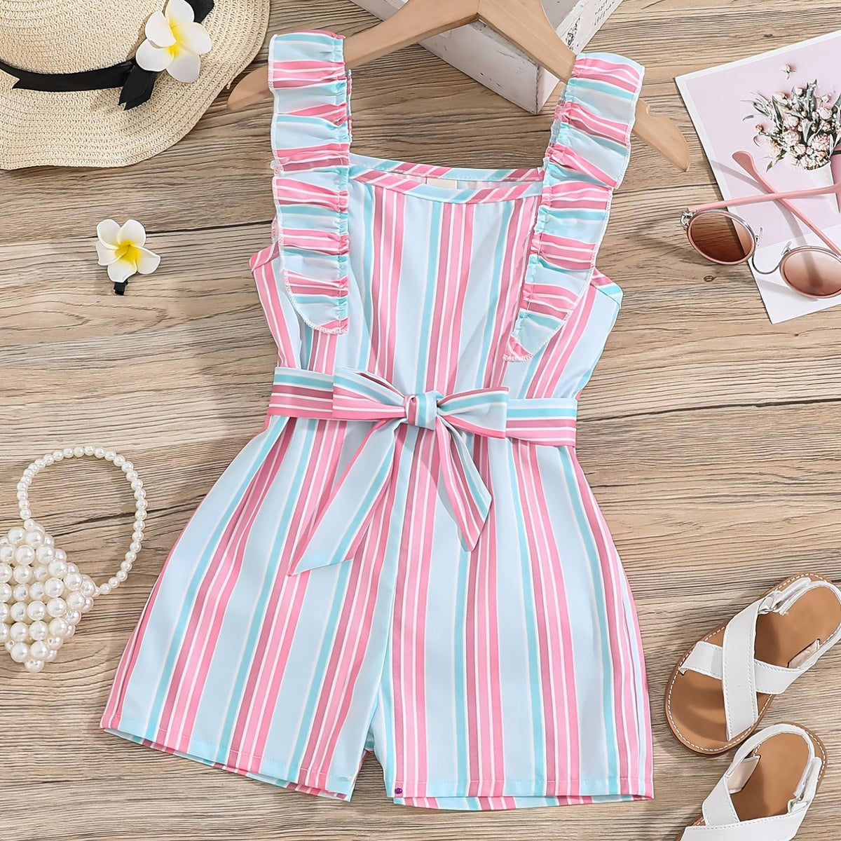 Girls Ruffle Trim Striped Romper with Belt, Summer Jumpsuit