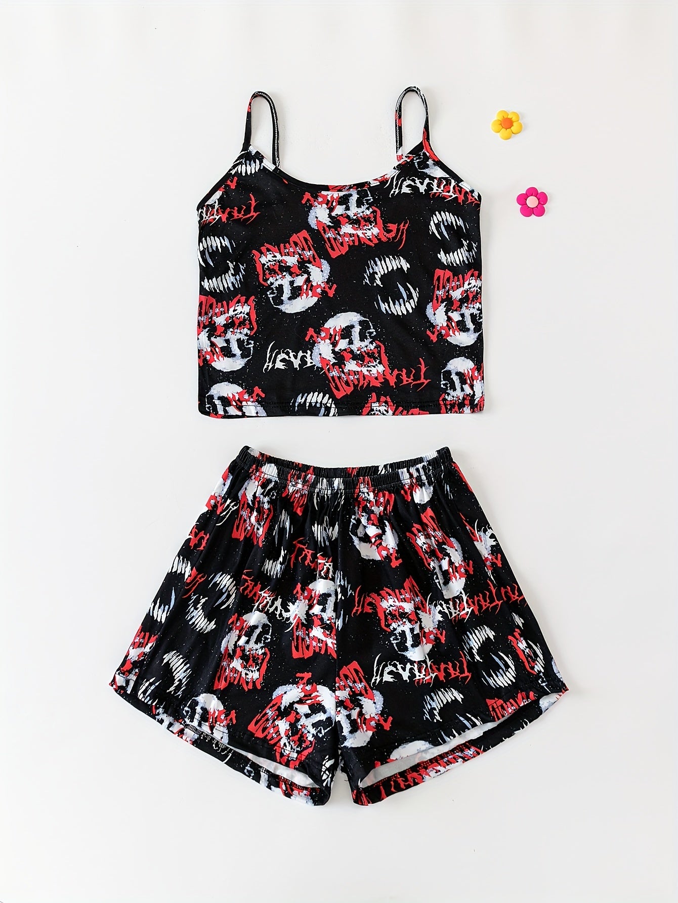 Skull Print Pajama Set Crew Neck Cami Top & Lounge Shorts Women's Sleepwear