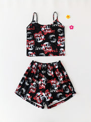 Skull Print Pajama Set Crew Neck Cami Top & Lounge Shorts Women's Sleepwear