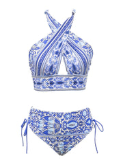 Criss Cross Halter Neck Bikini Set Backless Tie Side High Cut 2PC Swimsuit