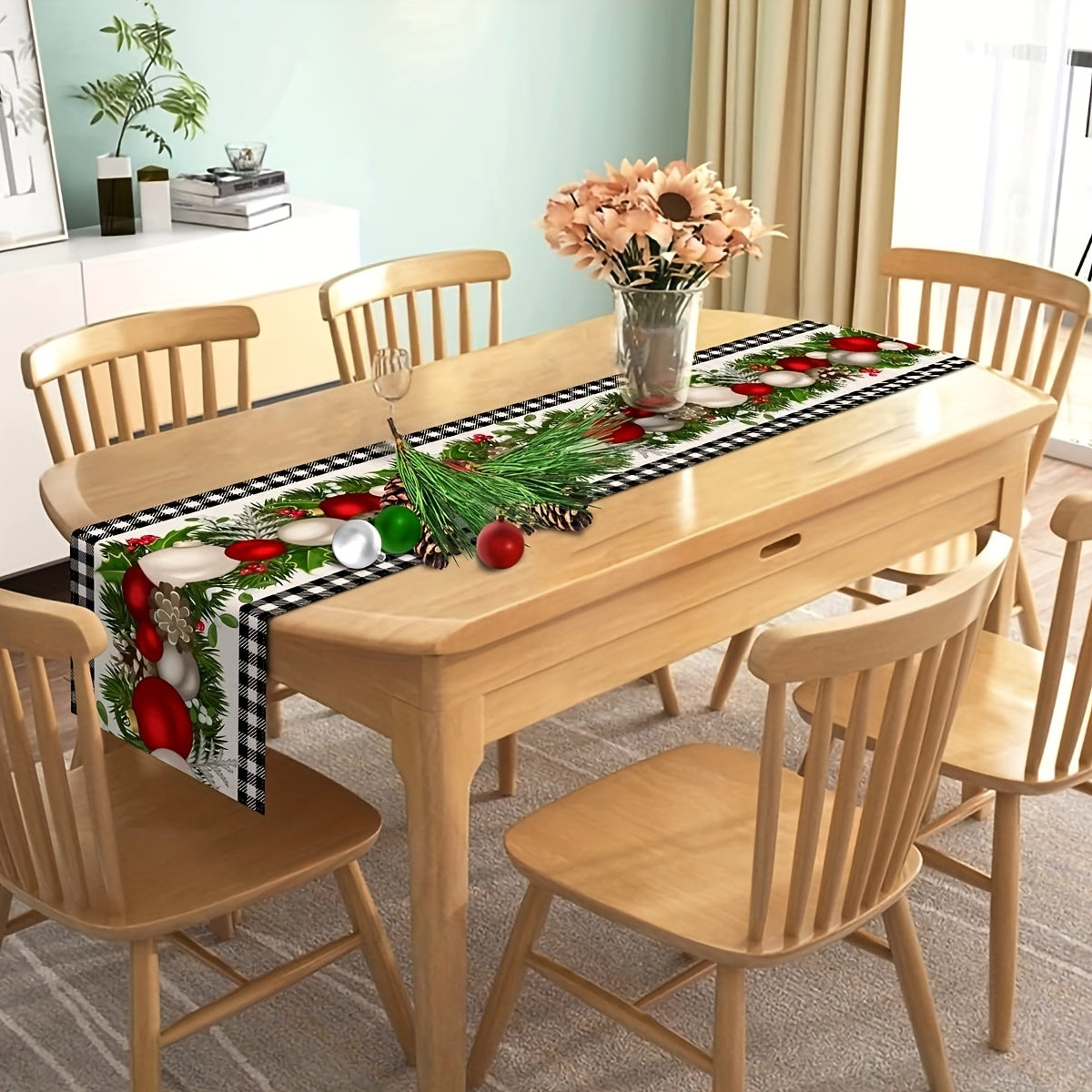 Polyester Merry Christmas Table Runner Plaid Pattern Holiday Decoration Fabric