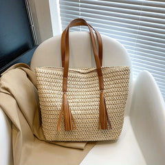 Colorblock Straw Tote Bag Woven Shoulder Bag With Tassel Decor
