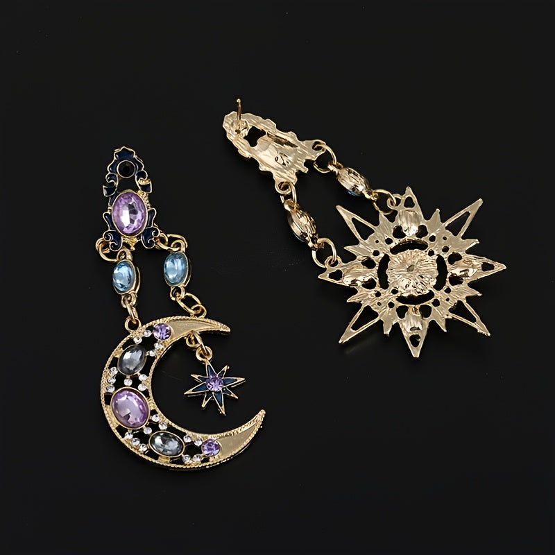 Sun Moon Stars Drop Earrings Rhinestone Punk Earrings For Women