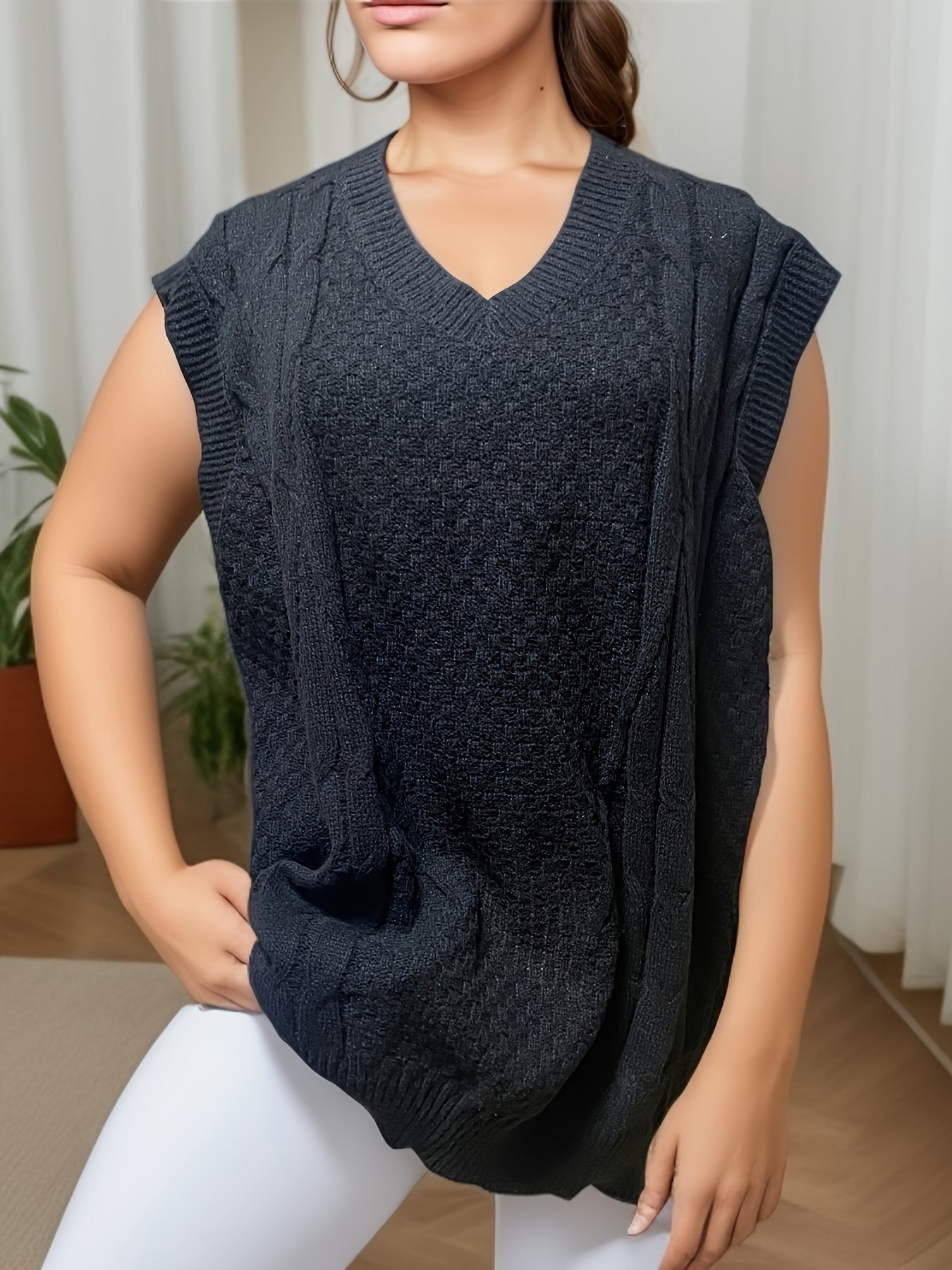  Casual Sweater Vest Women's Plus Knitted V Neck Medium Stretch