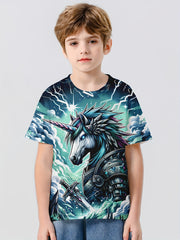 Unicorn Warrior 3D Print Boy's Tee Short Sleeve Comfy T shirt Kids Summer Clothi